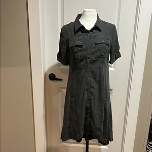 Charcoal color Midi Shirt Dress with Cuffed Sleeves